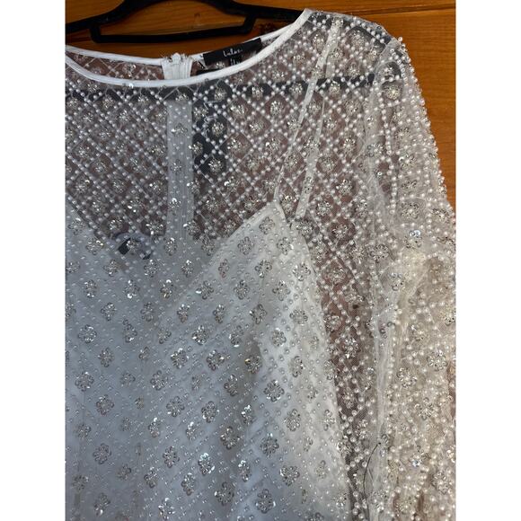 NWT Lulus Glowing Charisma White Sequin Pearl Mesh Long Sleeve Dress Bride Sz XL - Picture 8 of 11